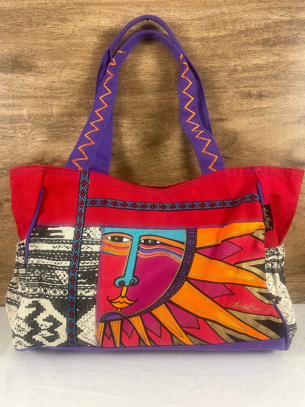 Laurel Burch Canvas Tote Bag Sun Face Artistic Multi Color Handbag Purse